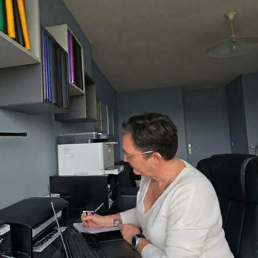 Assistante commerciale notant des rendez-vous clients à son bureau, avec ses classeurs colorés